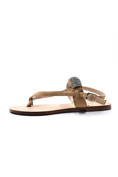 GARDA Special Design Camel Color Suede Leather Women's Jewelled Flip Flops Sandals
