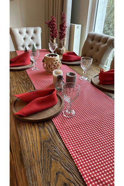 Decamor home Stain Resistant Water Repellent Red Gingham Plain Long Runner