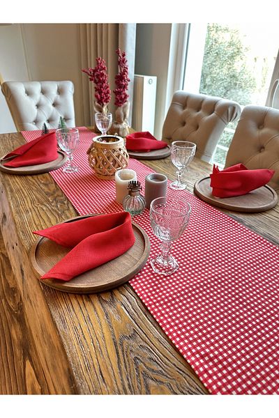 Decamor home Stain Resistant Water Repellent Red Gingham Plain Long Runner
