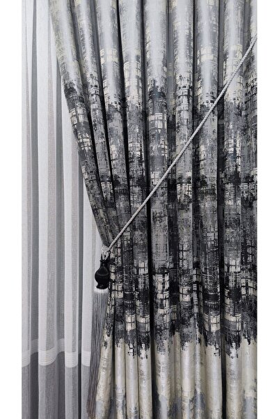 Yuka Panel Background Curtain Gray Black Cream Multicolored Patterned Single Wing Closely Pleated Yuka Home Luxury Series