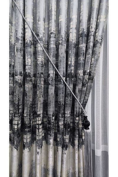 Yuka Panel Background Curtain Gray Black Cream Multicolored Patterned Single Wing Closely Pleated Yuka Home Luxury Series