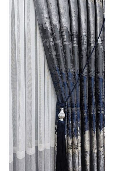 Yuka Panel Background Curtain Navy Blue Black Gray Multicolored Patterned Single Wing Closely Pleated Yuka Home Luxury Series