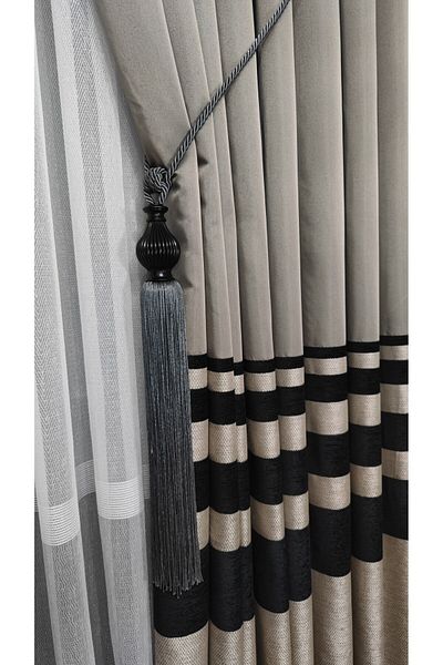 Yuka Panel Background Curtain Light Gray Black Chenille Horizontal Striped Single Wing Closely Pleated Yuka Home Luxury Series