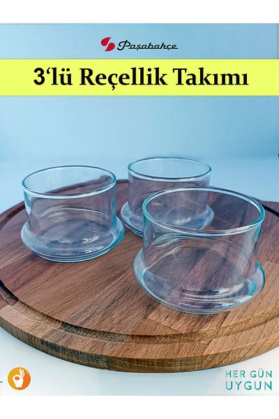 HERGÜNUYGUN Glass Jam Bowl, Breakfast, Lemon Bowl, Storage Container (Without Lid) 3-Piece