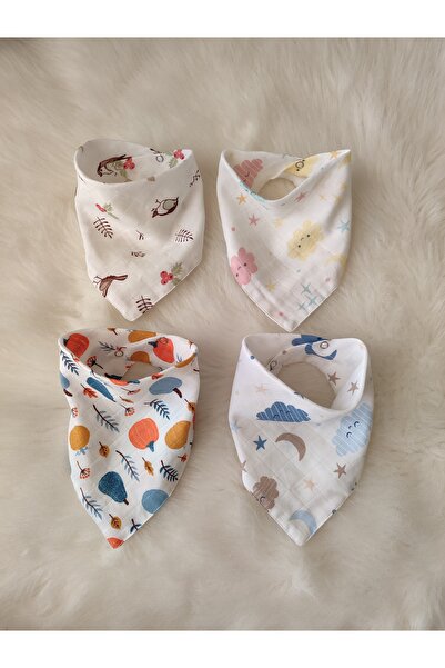 4 Pieces 100% Organic Cotton Double Layer Two Studs Muslin Baby Scarf & Saliva Apron