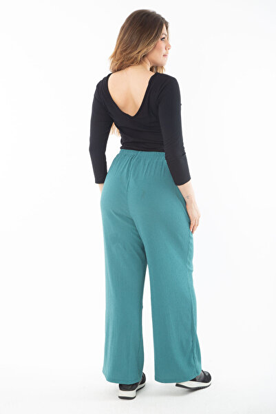 Şans Women's Large Size Green Elastic Waist Wide Leg Wrap Pants 65N37315