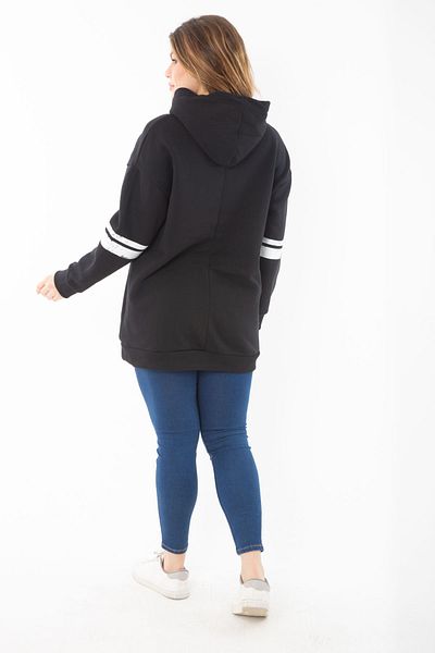 Şans Women's Large Size Black Three Thread Hooded Sweatshirt 65N37290