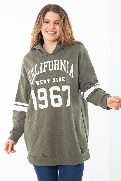 Şans Women's Large Size Khaki Three Thread Hooded Sweatshirt 65N37290