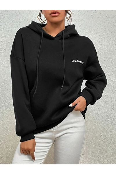 Josette Unisex Μαύρο Λος Άντζελες Minimal Text Φούτερ με κουκούλα oversize