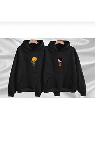 Josette Cedric Chen- Siyah Sevgili Çift Kombini Baskılı Oversize Sweatshirt Kışlık Şardonlu Kalın Kapüşonlu