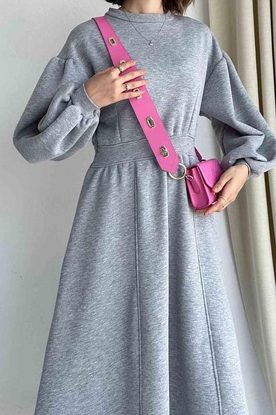 lovebox Thick Fabric Cotton Fabric Flared Cut Midi Length Gray Sweat Dress 9090