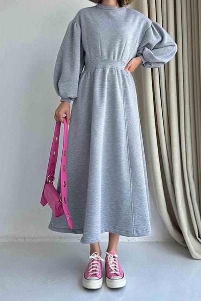 lovebox Thick Fabric Cotton Fabric Flared Cut Midi Length Gray Sweat Dress 9090