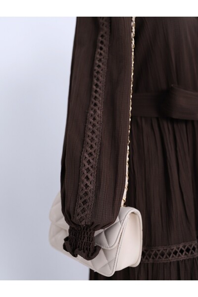 Modamorfo Lace-up Lined Dress with Scalloped Sleeves and Skirt