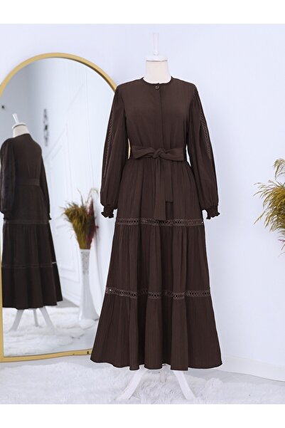 Modamorfo Lace-up Lined Dress with Scalloped Sleeves and Skirt