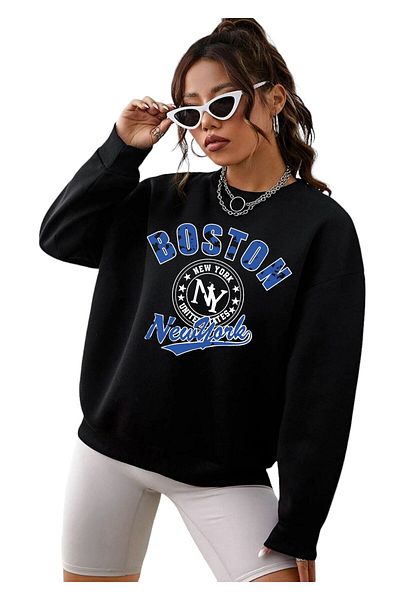 BENROMA Унисекс голям суичър с щампа BOSTON