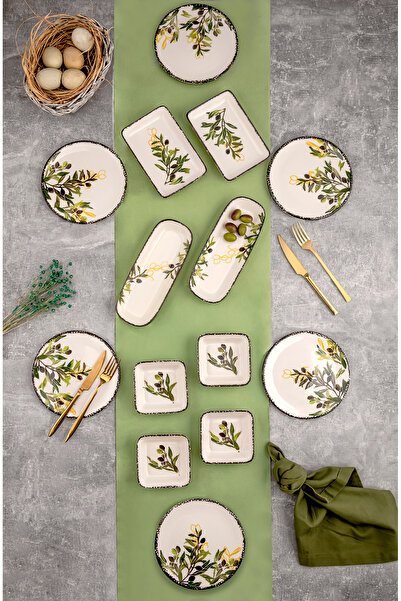 CERATALE Handmade 14 Parça Lüx 6 Kişilik Zeytin Kahvaltı Seti Olive - Lüx Kahvaltılık Sunum Seti Tabağı