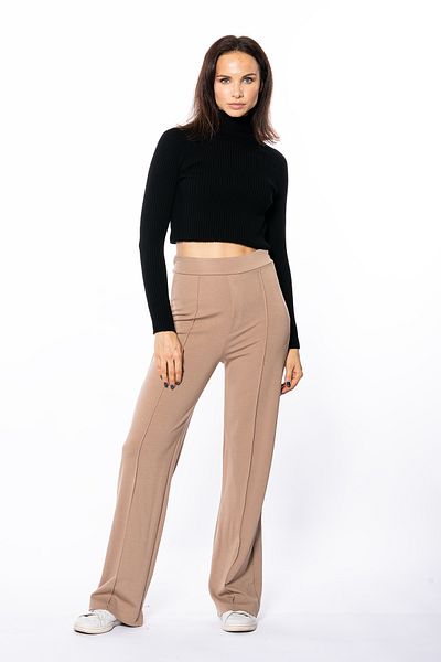 Grenj Fashion Μπεζ χαλαρό παντελόνι ψηλόμεσο κολάν με λεπτομέρεια από τσόχα