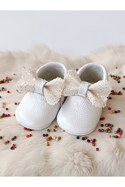 Hodore Sofia White Stoned Genuine Leather Baby Loafer