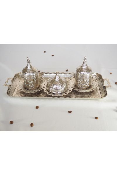 kapadokyahediyelik 2-Piece Turkish Coffee Set with Ottoman Motif Silver Color
