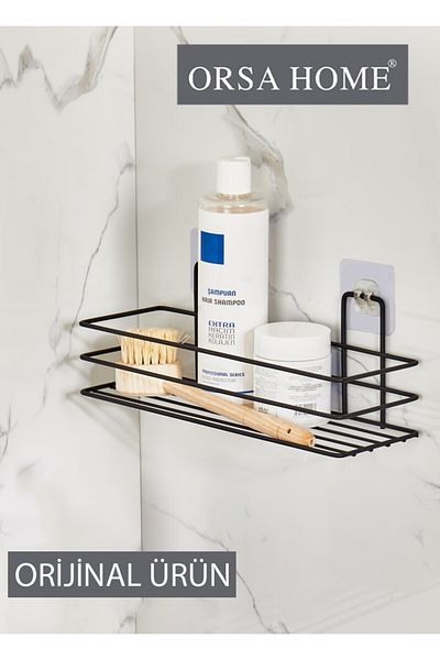 ORSA HOME 926 Μαύρο ματ ορθογώνιο ράφι μπάνιου με αυτοκόλλητο λουράκι