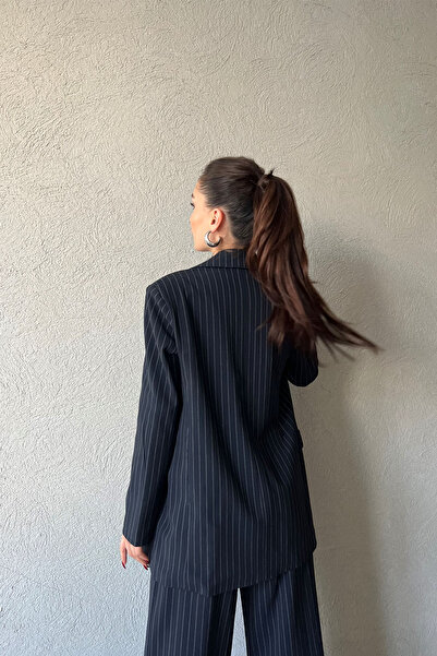 Seda Yalçın Atelier Navy Blue Striped Buttoned Blazer Jacket