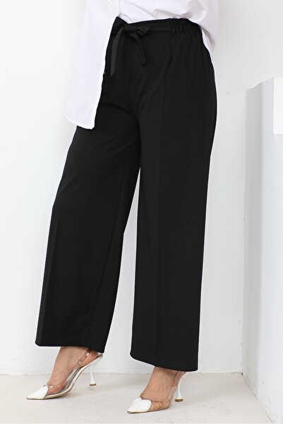 Bestenur Meva Belted Wide Leg Kalhoty 648 - Black