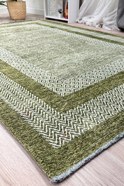 MYHOME HALI Nordi 11543-G Çerçeve Desenli Yıkanabilir Salon Mutfak Yolluk Yeş...