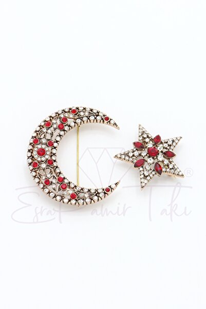 Esra Pamir Kırmızı Beyaz Zirkon Taş Elmas Montür Ay Yıldız Broş