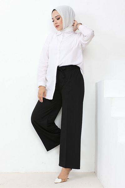Bestenur Παντελόνι Meva Belted Wide Leg 648 - Μαύρο