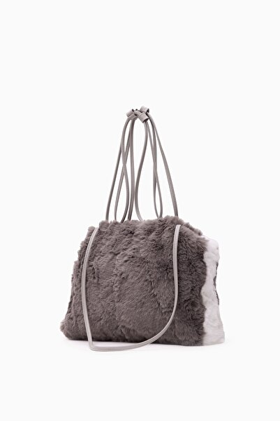 LOVENTA Women's Faux Fur Plush Bag Feline Gray White