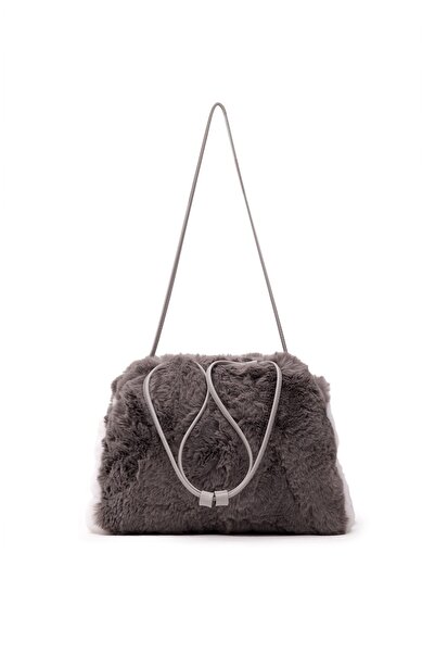 LOVENTA Women's Faux Fur Plush Bag Feline Gray White