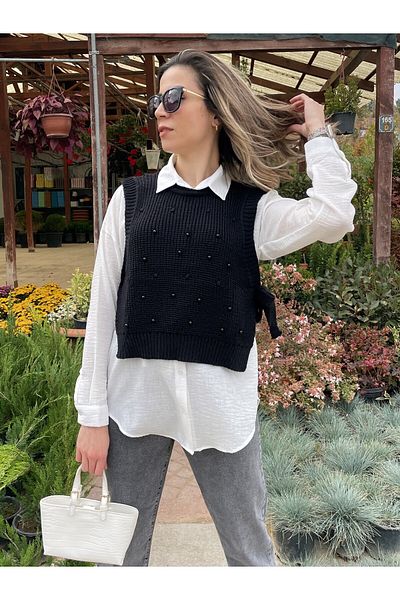 AYCA TUNCER BUTİK Pearl Detailed Side Tie Sweater