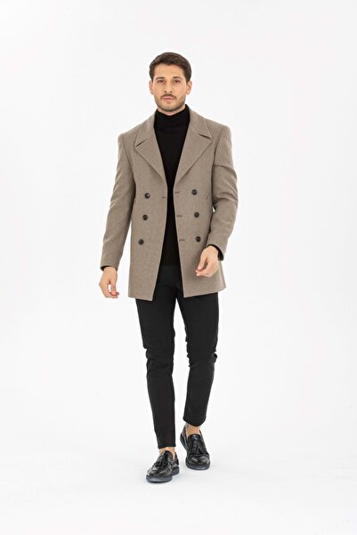 ZAYFA Vito Andolini Koyu Kahverengi Desenli Kaşmir Slim Fit Kruvaze Erkek Kısa Palto