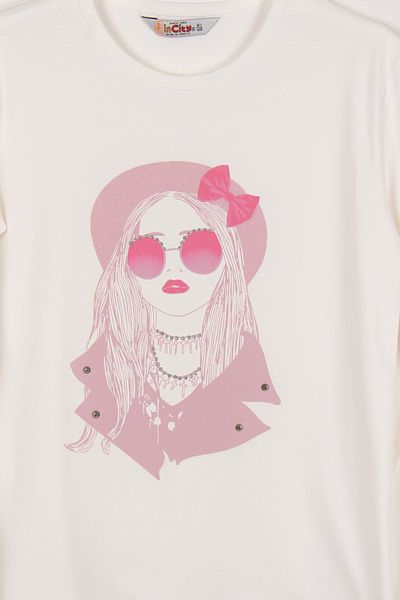 incity Girl's Powder Fuchsia Girl with Glasses Print Detailed Combed Cotton