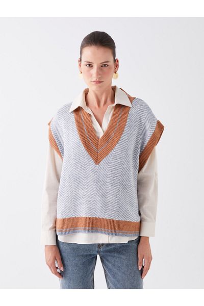 LC Waikiki LCWAIKIKI Basic dámský pletený semiš s výstřihem do V se vzorem oversize