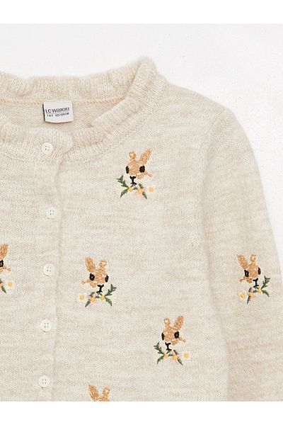 LC Waikiki Long Sleeve Crew Neck Embroidered Girl's Knitwear Cardigan