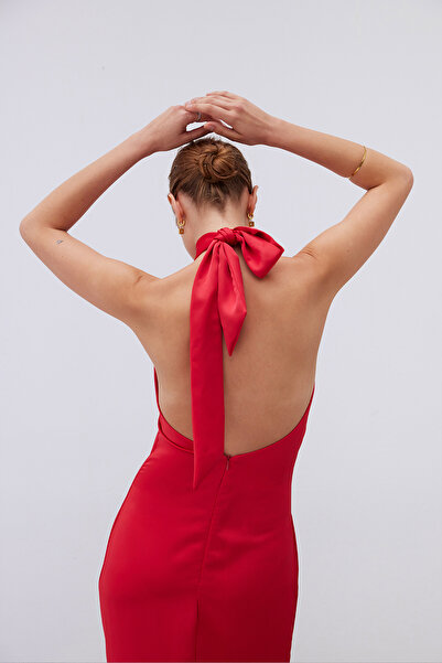 Mozto Mirella Halter Collar Tied Red Maxi Satin Dress