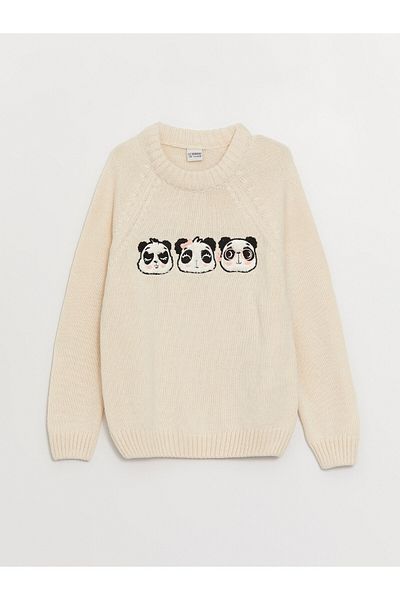 LC Waikiki Dziewczęcy sweter z dzianiny z długim rękawem i haftowanym dekoltem