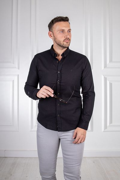Sarar Cămașă neagră slim fit din in, cu guler cu nasturi, înveliș pentru interviu