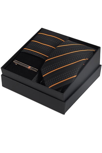 Esgue Hand Made Black - Gold Necktie Handkerchief Tie Clip Boxed Gift Set