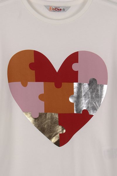 incity Girl's Ecru Heart Print Detailed Combed Cotton