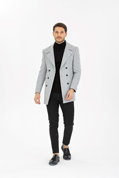 ZAYFA Vito Andolini Açık Gri Desenli Kaşmir Slim Fit Kruvaze Erkek Kısa Palto