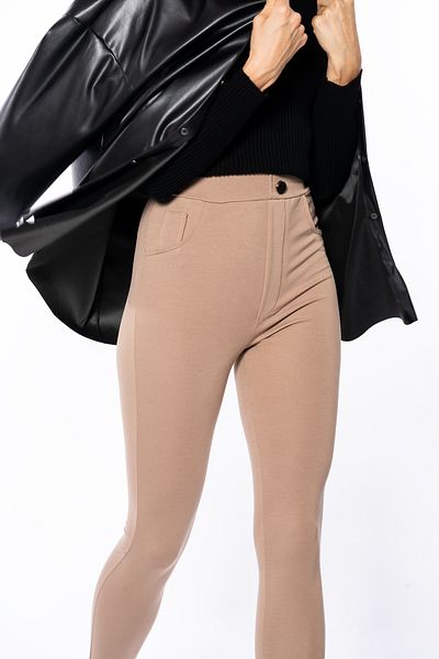 Grenj Fashion Μπεζ κολάν παντελόνι με ψηλόμεσο κουμπί και λεπτομέρεια τσέπης