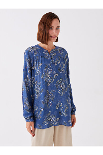 LC Waikiki Gemusterte, langärmlige Damenbluse mit Rundhalsausschnitt