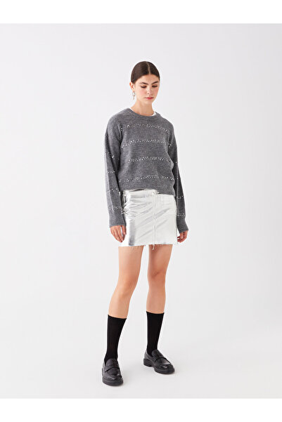 LC Waikiki Bedruckter, langärmliger Oversize-Strickpullover für Damen mit Rundhalsausschnitt