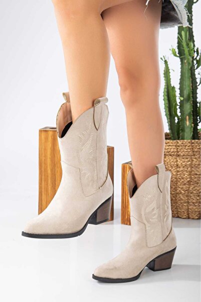 Salim Sırma Kadın Bej Süet Western Dallas Kovboy Lazer İşlemeli Çizme