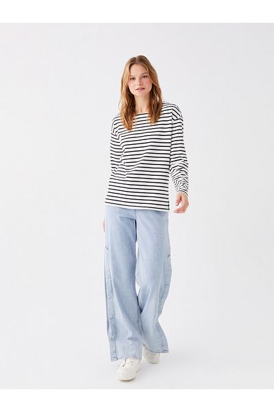 LC Waikiki Tricou cu mânecă lungă cu decolteu în dungi pentru femei