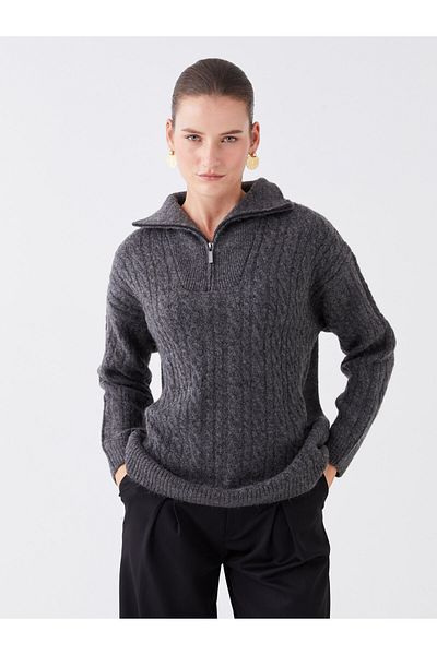 LC Waikiki Jacket Collar Self-patterned Long Sleeve Women's Knitwear Sweater