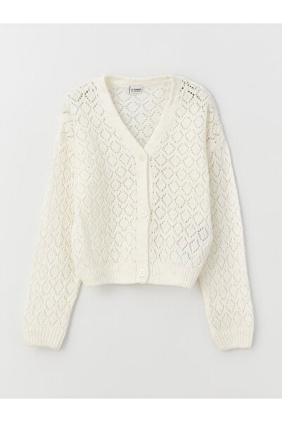 LC Waikiki Dívčí pletený kardigan s výstřihem do V s vlastním vzorem a dlouhým rukávem