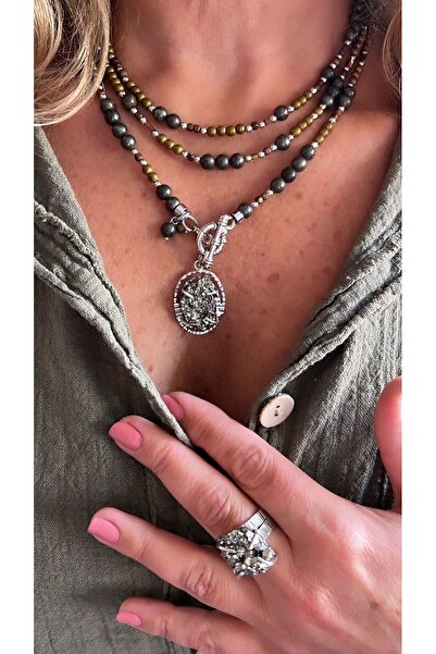 splashtakı 925 Ayar Gümüş Pirit Taşlı Set Kolye Yüzük Küpe